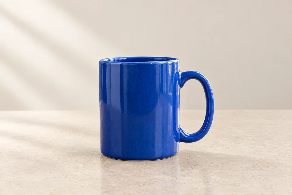 AI result showing the blue ceramic mug on a light display surface with soft side lighting