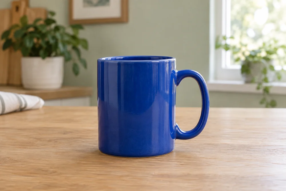 Original blue ceramic mug on an indoor wooden table with plants in the background