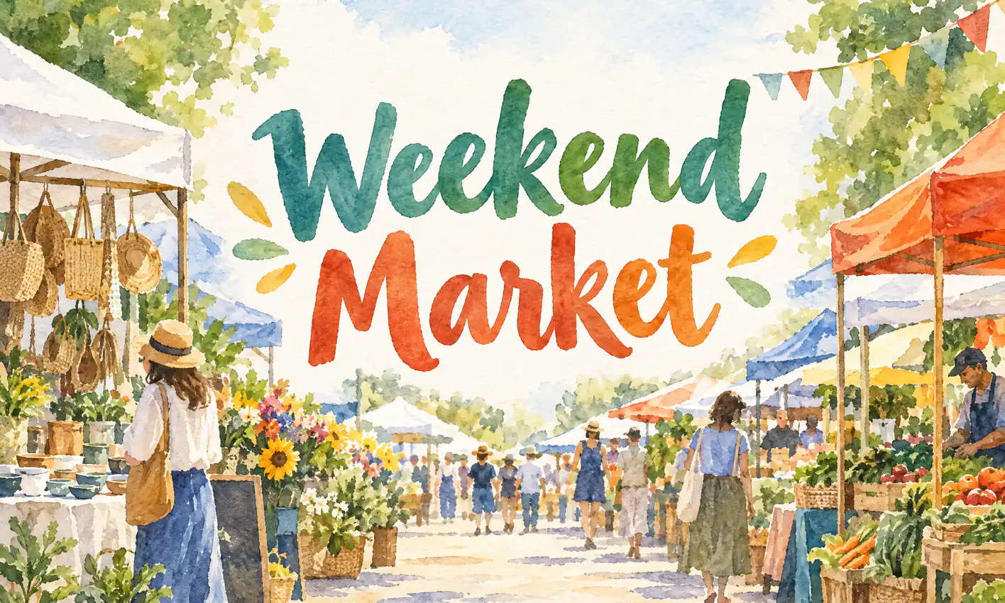 AI-generated watercolor market poster with the big title “Weekend Market” in the middle. Prompt: Watercolor weekend market poster, big title "Weekend Market" in the middle, no other text