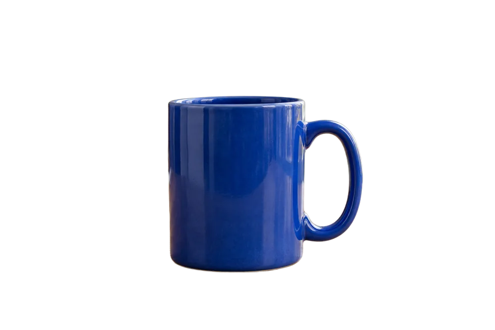 Blue ceramic mug with a transparent background after the table and room are removed