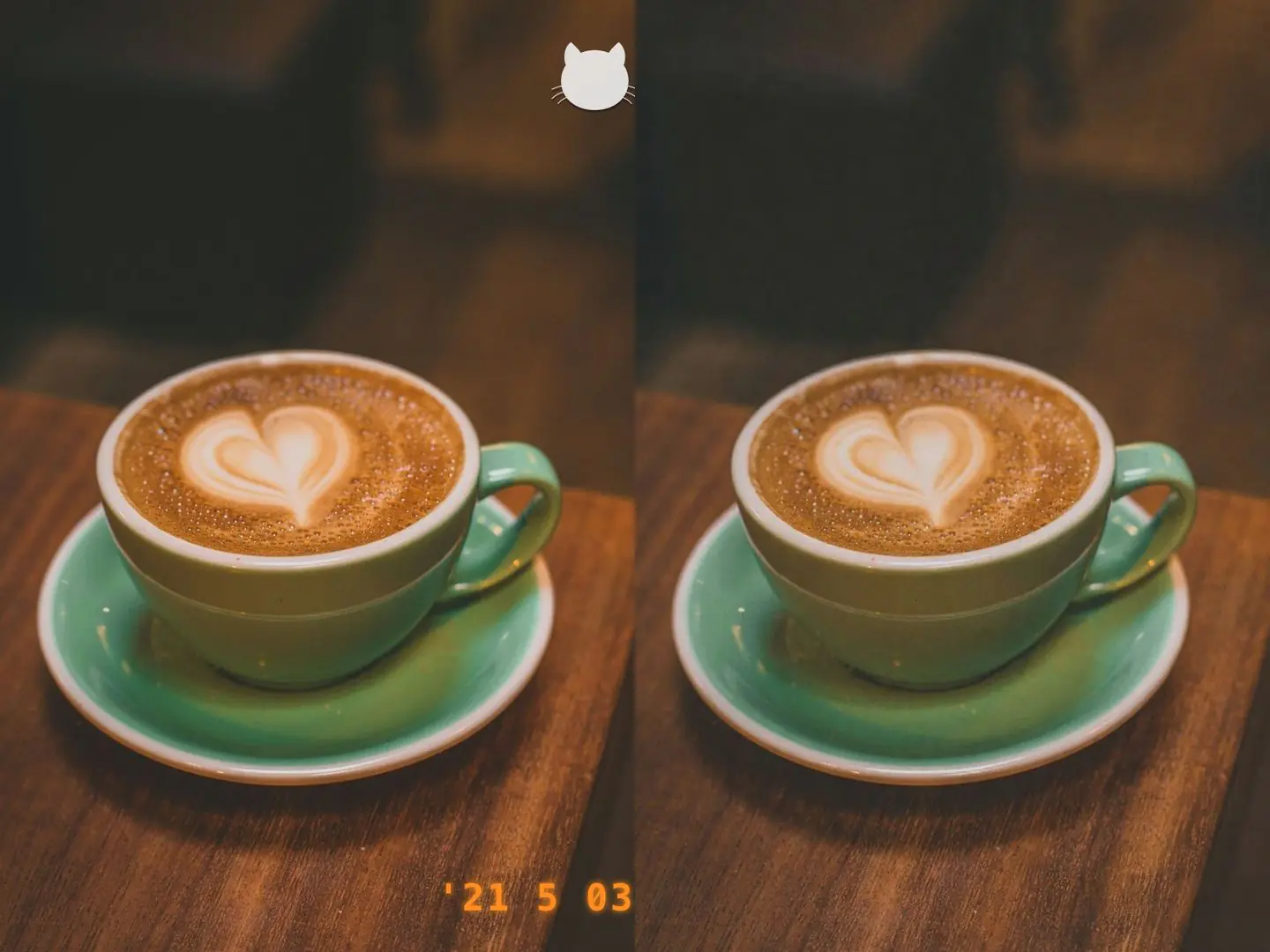 Before and after a date stamp and a corner logo are removed from a photo