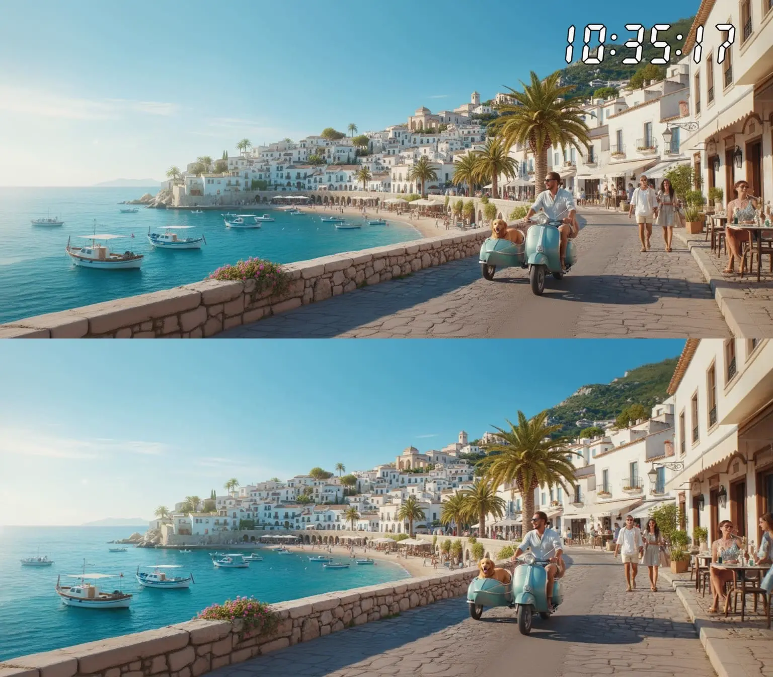 Illustration of timestamp removal from a seaside promenade scene