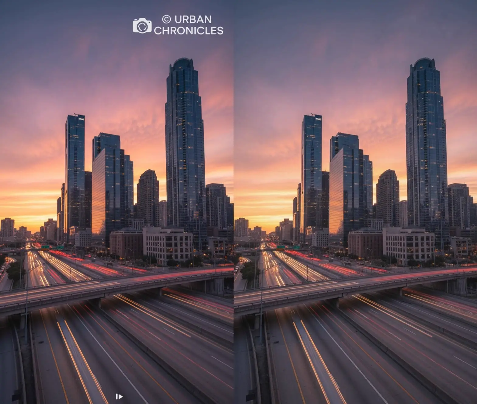 Before-and-after illustration of logo cleanup in a city timelapse frame